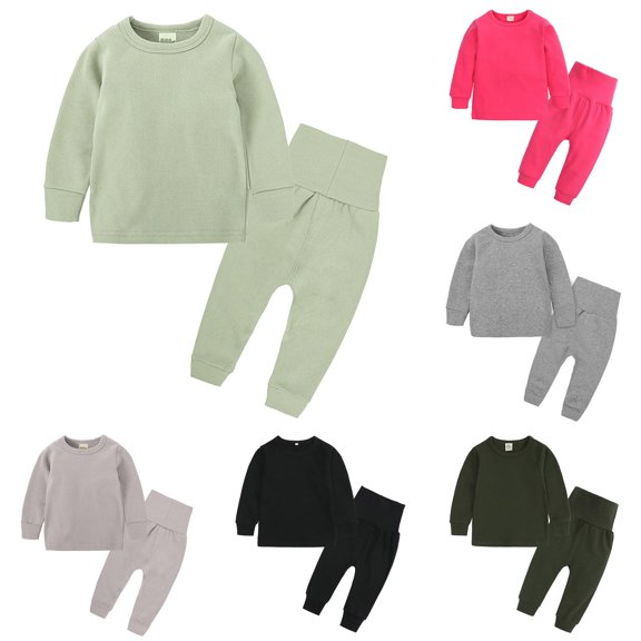 Toddler Kids Babys Girls Boys Spring Winter Solid Long Sleeve Pants Hoodie Sweatshirt Sleepwear Set Outfits Clothes Size 1-2 Years