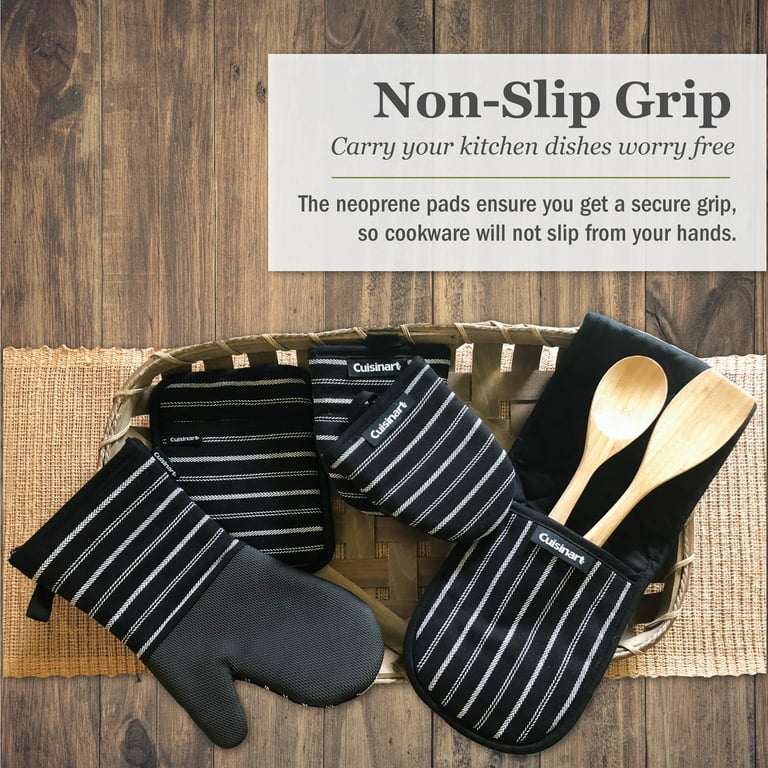 Cuisinart Neoprene Oven Mitts and Potholder Set -Heat Resistant Oven Gloves  to Protect Hands and Surfaces with Non-Slip Grip, Hanging Loop-Ideal for  Handling Hot Cookware Items, Twill Stripe Jet Black 