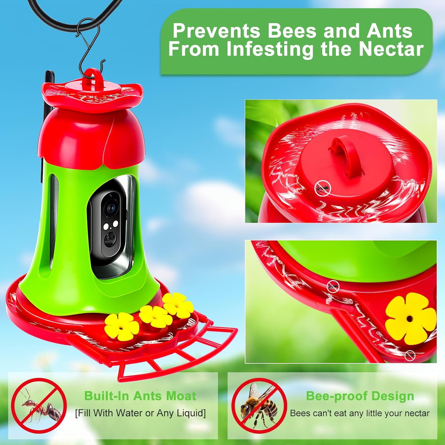 Hummingbird Feeder with Camera Solar Powered, AI Identify Bird Species, Hummingbird Feeder Camera Anti Ant Moat for Hummingbird, Outdoors Hanging, Ideal Gifts for Bird Lovers