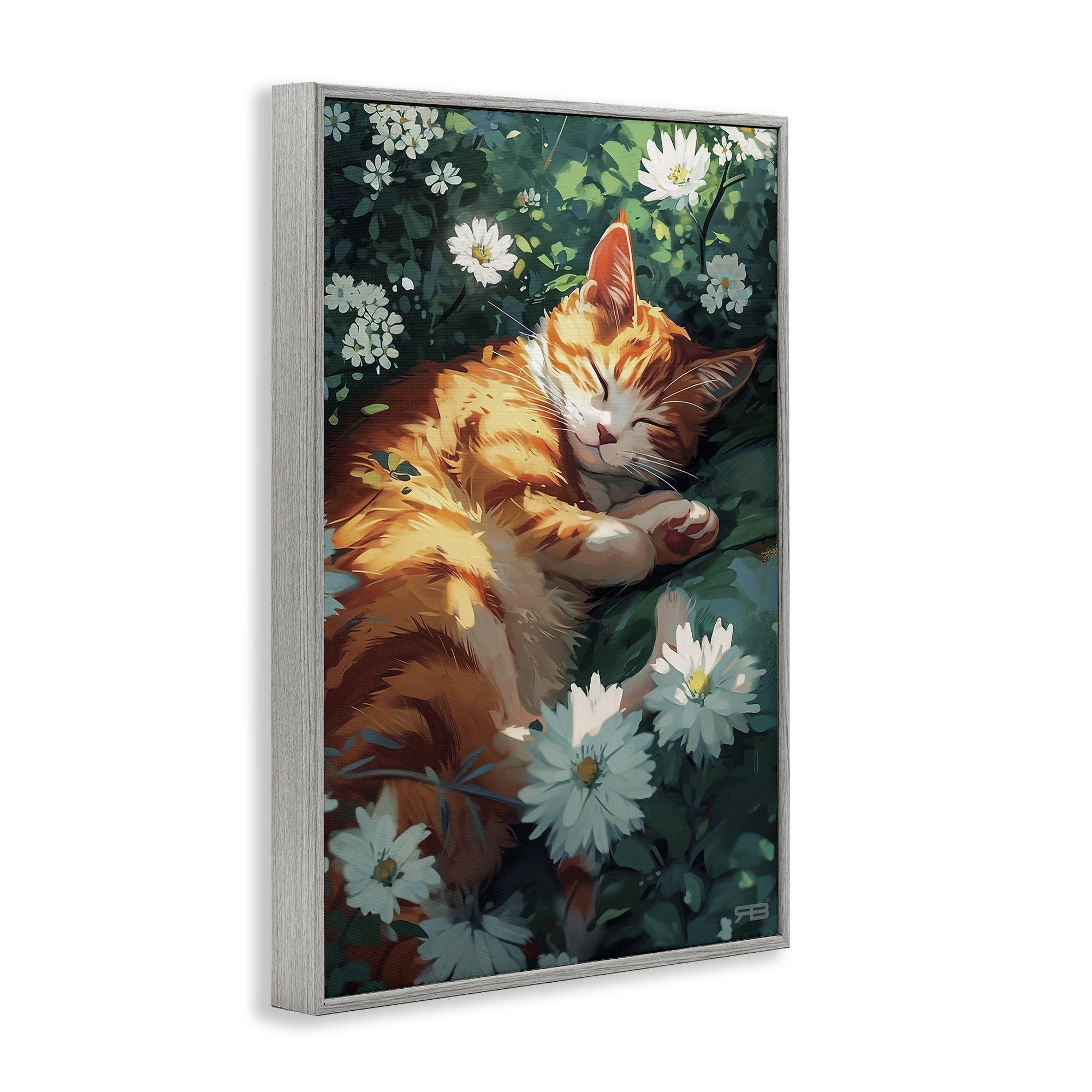 Stupell Industries Cat Sleeping in Meadow Animals & Insects Painting Gray Framed Art Print Wall Art, 12 x 18