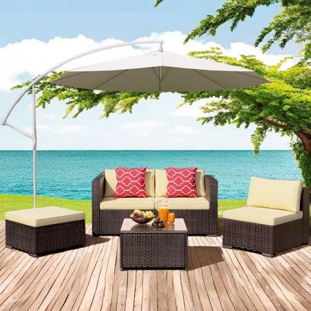 Lofka 5 Piece Patio Furniture Set , Outdoor Furniture Conversation Rattan Patio Set with Cushion and Glass Table ,Beige