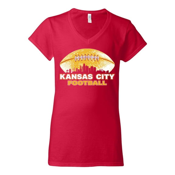 Wild Bobby Kansas Football Skyline Sports Women Standard V-Neck Tee, Red, Small