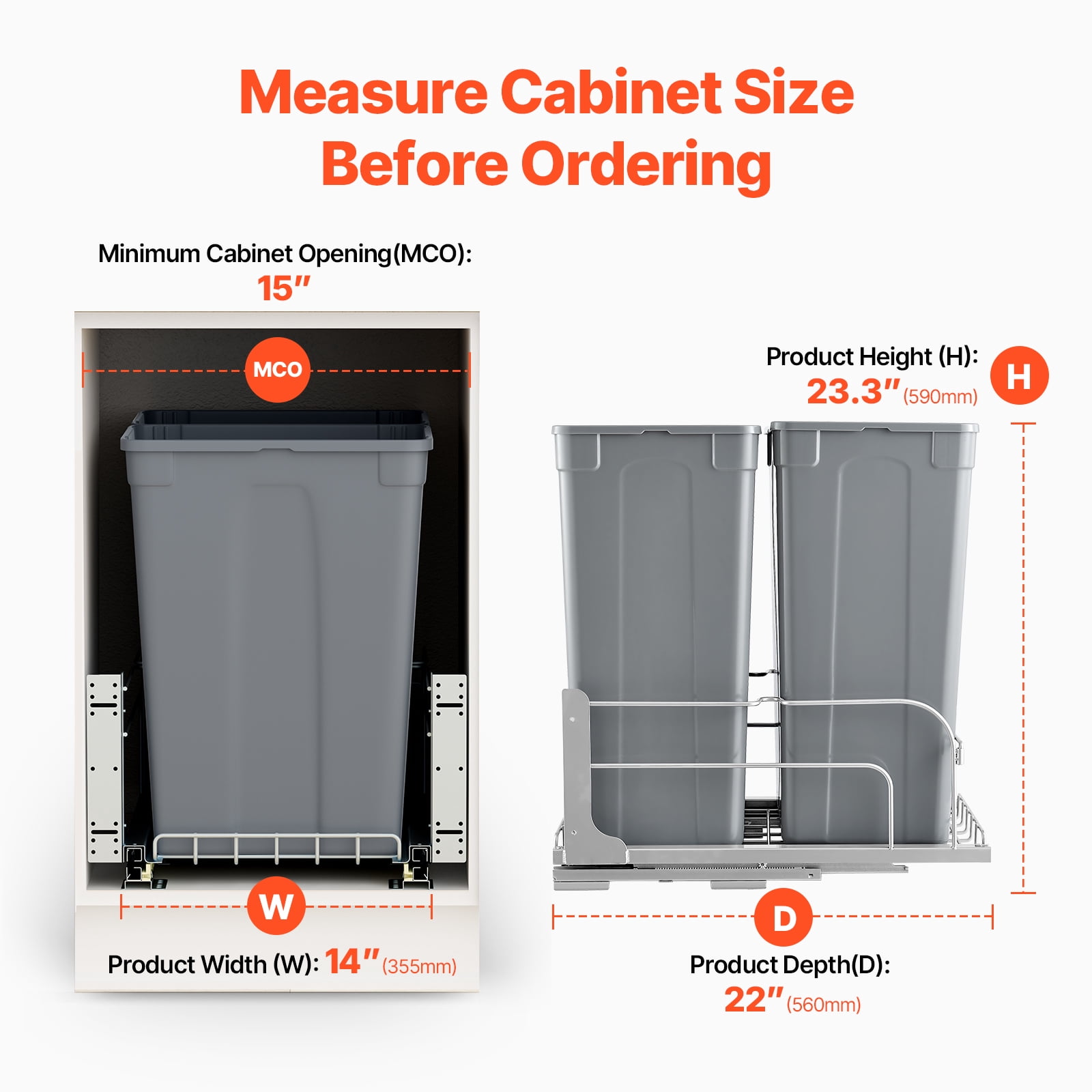KFFKFF Pull-Out Trash Can, 50 QT x2 Double Under-Mount Kitchen Waste Containers, Durable Recycling Bin with Door Kit and Smooth Soft-Close Slides, Ideal for Cabinets, Sinks, and Under-Counter Spaces