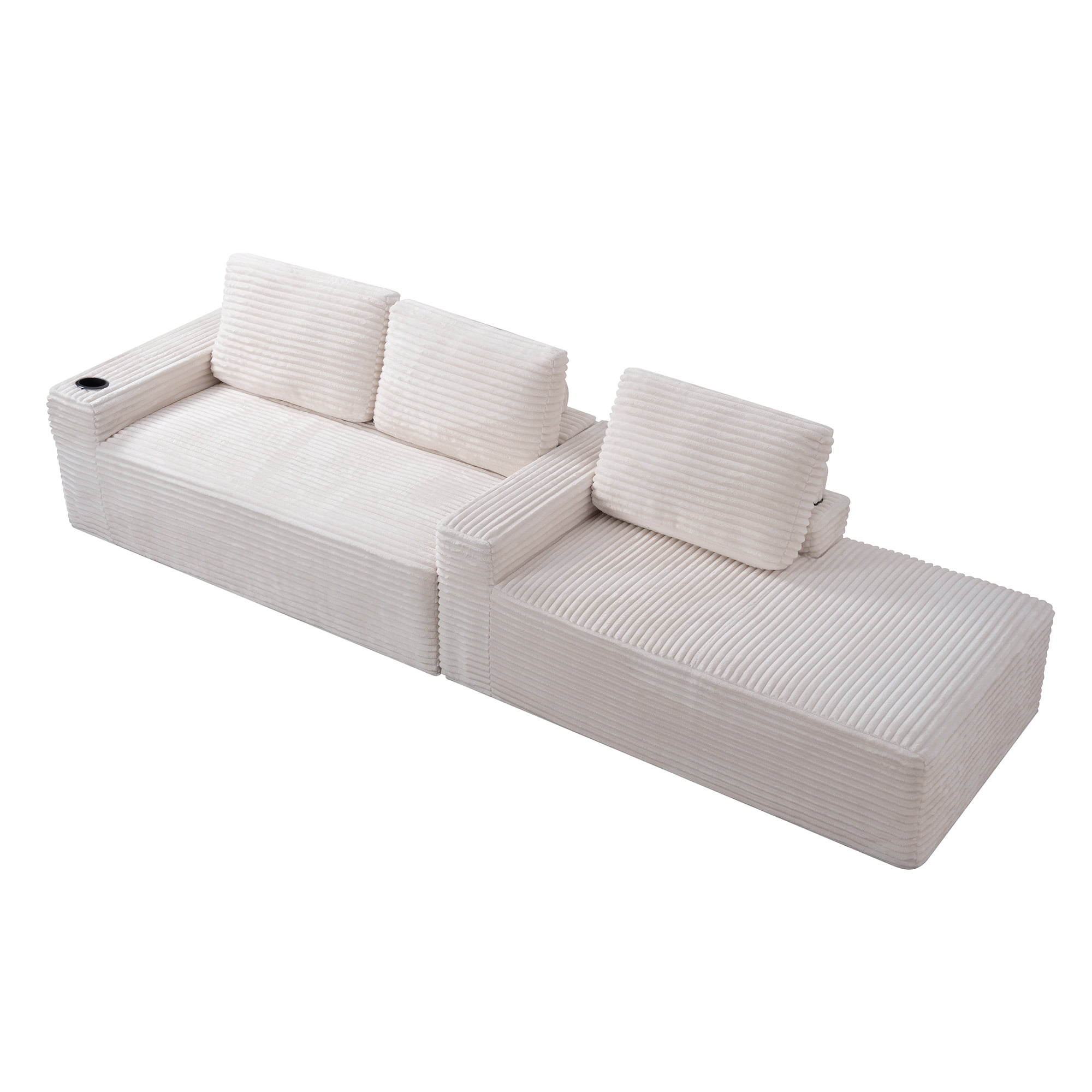 AISWORD 104.3" L-Shaped Modular Sectional Sofa, Corduroy 4-Seater Cloud Couch with Cup Holders & Side Pockets, Boneless Upholstered Sofa, No Assembly, Cream, Right-Facing Chaise
