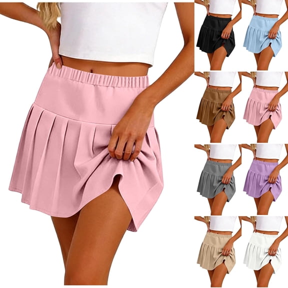 BRGZLK Pleated Tennis Skirts For Women Casual Solid Color Elastic Waist Loose High Waist Golf Skirt Lightweight Mini Athletic Skorts Workout