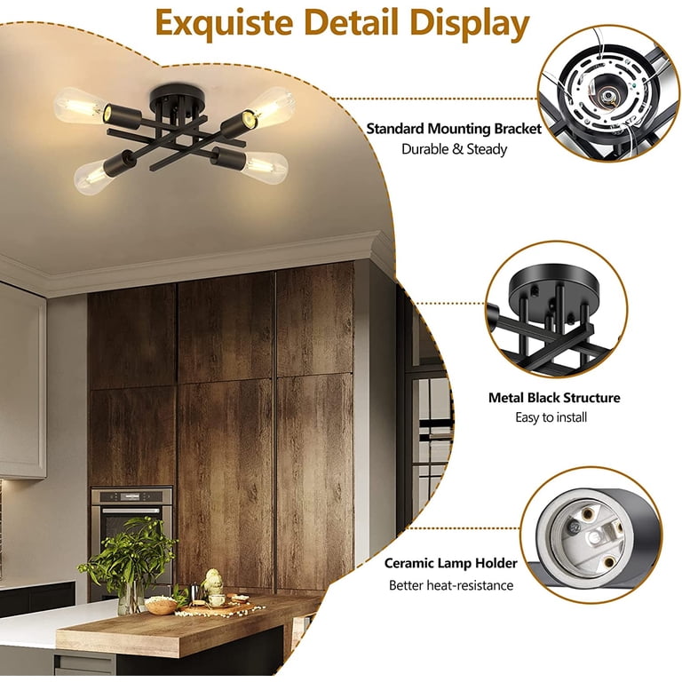 Minyuco 4-Light Semi-Flush Ceiling Lamp – Modern Industrial Chandelier In Black & Brushed Nickel For Kitchen, Entryway, Bedroom