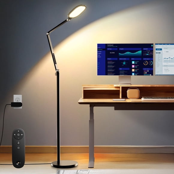 LED Floor Lamp for Office, 30 Lighting Modes Dimmable Standing Lamp with Memory & Timer Function, Soft Eye-Caring Office Lamp, Adjustable Swing Arm R