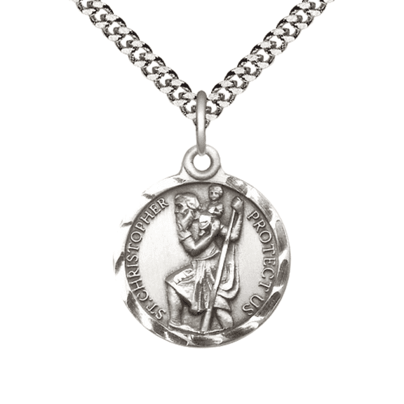 Mens Medium Round Pewter St Christopher Medal Pendant on 24 inch Endless Rhodium Plated Heavy Curb Brass Chain, Catholic Religious Necklace -Made in USA- Deluxe Velvet Gift Box
