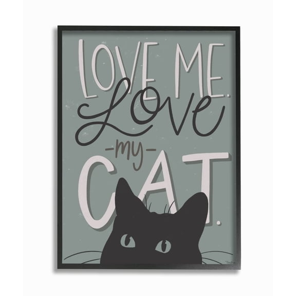 Stupell Industries Love Me Love My Cat Phrase Black Cat Green Quote Framed Wall Art Design by Gigi Louise, 16" x 20", Black Framed
