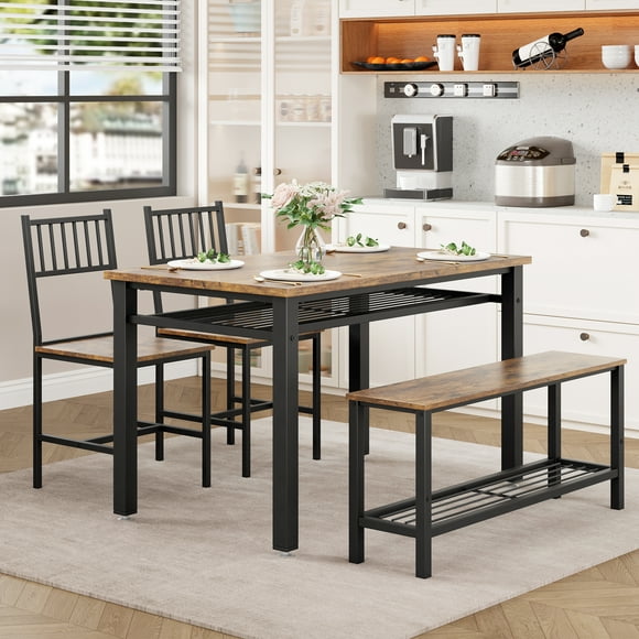 Farmhouse Kitchen Table Chairs Set for 4–47" Modern Dining Table for 4 with Bench&Chairs,Storage Shelf&Metal Frame,Space-Saving Design for Dining Room/Kitchen/Apartment