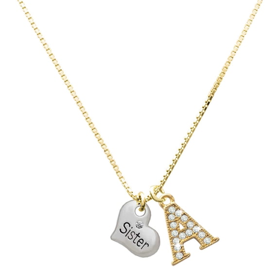 Delight Jewelry Silver-tone Small ''Sister'' Heart with Clear Crystal - Large Goldtone Crystal Initial - A - Charm Necklace, 17.5" 2"