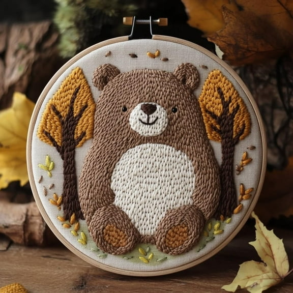 Punch Needle kits Cute Brown Bear Easy for Beginners DIY Punch Needle Yarn Starter Embroidery Set for Craft Lovers with Printed Pattern and Hoop for Home Decor 20x20cm(2)
