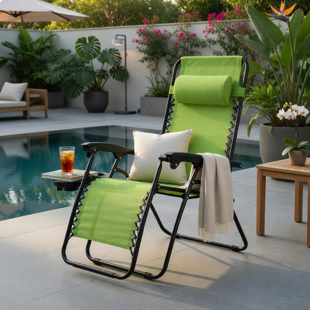 Hommoo 2-Pack Zero Gravity Folding Lounge Chairs with Adjustable Headrest & Removable Tray, Outdoor Indoor Recliners for Back Support, Green