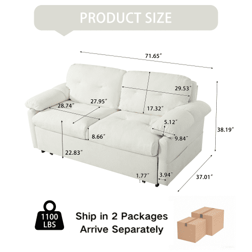 Convertible Sleeper Sofa, Queen Size Pull-Out Sofa Bed, 3-in-1 Chenille Loveseat with Side Storage & Casters for Living Room, Apartment, Beige