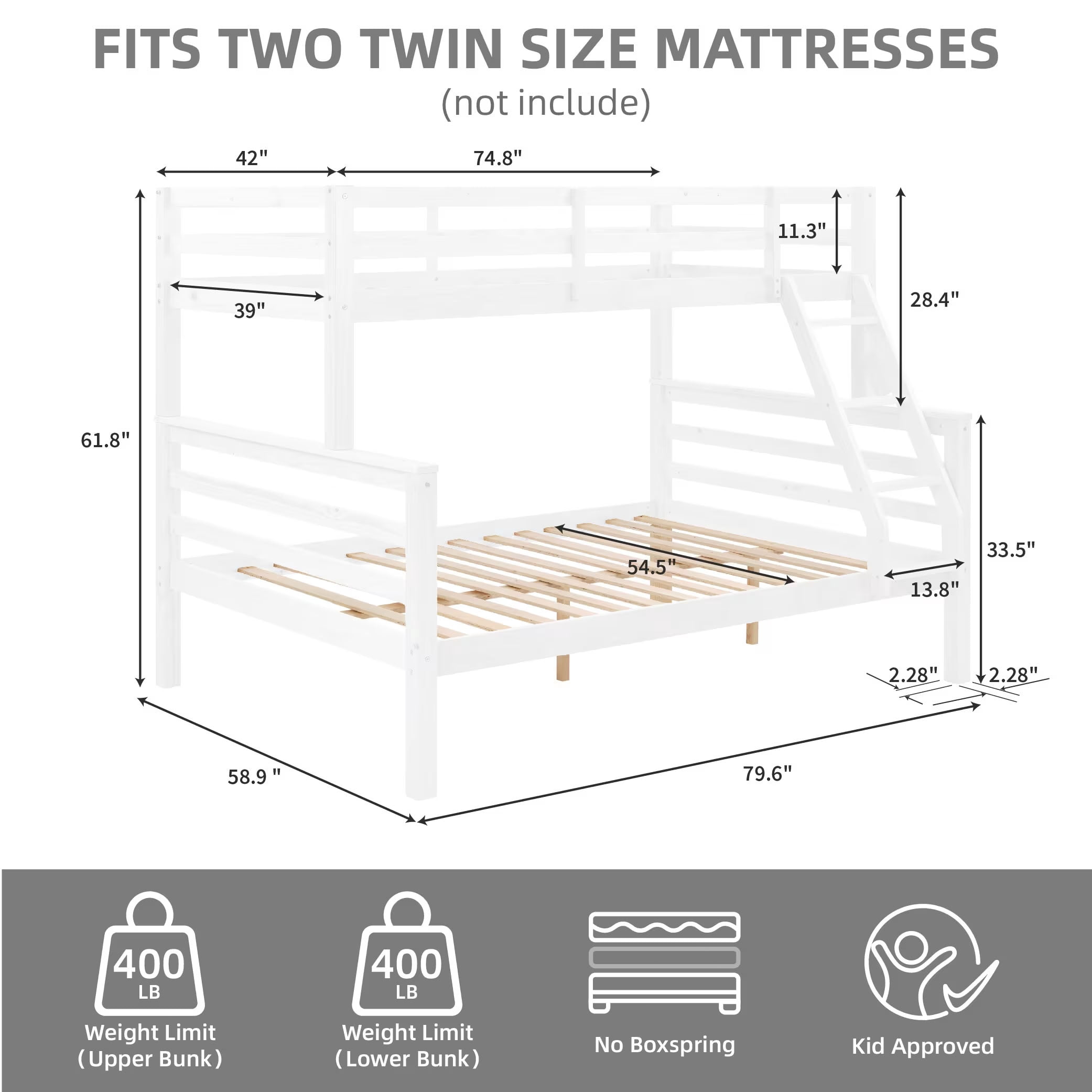 MAYEERTY Twin over Full Bunk Bed with Thick Posts, Solid Wood Bed Frame with High Guardrail and Ladder, for Kids Teens Dorm Rooms Guest Rooms, No Box Spring Needed