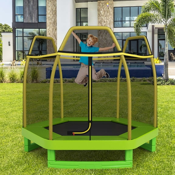 Costway 7 FT Kids Trampoline with Safety Enclosure Net Spring Pad Indoor Outdoor Heavy Duty Yellow