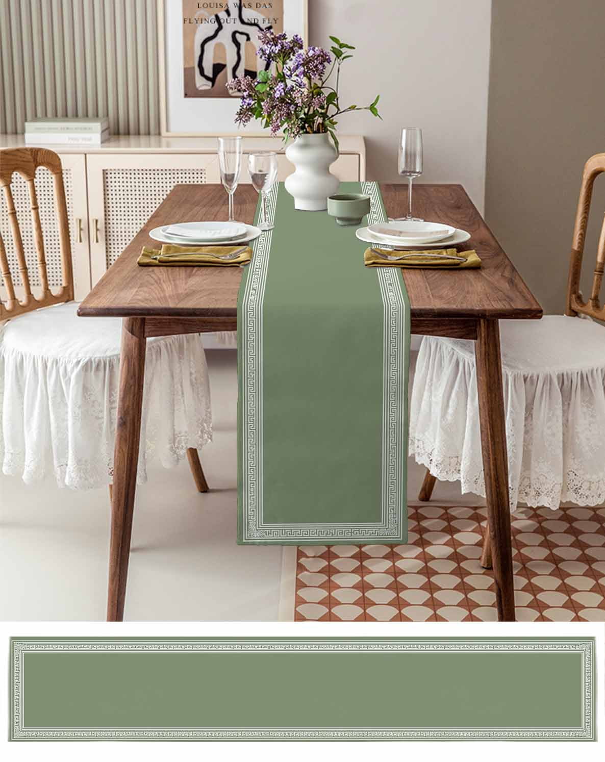 Table Runner 108 Inches Long for Kitchen Dining, Green Geometric Dresser Scarf Farmhouse, Dining Table Decorations for Wedding/Parties, White Greek Key Design Abstract Modern Art 13 x 108 In