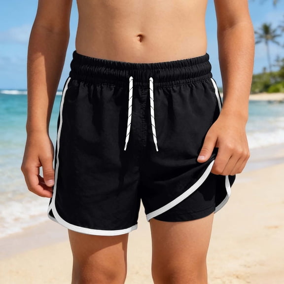 HOWPAY Boy Swim Trunks Quick Dry Elastic Waist Swim Shorts with Compression Liner Lightweight Breathable Stretch Casual Swimwear Black