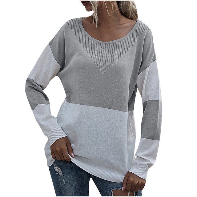 Moda mujer Casual manga larga cuello redondo rayas señoras suéter tejido Tops Fridja hkj939