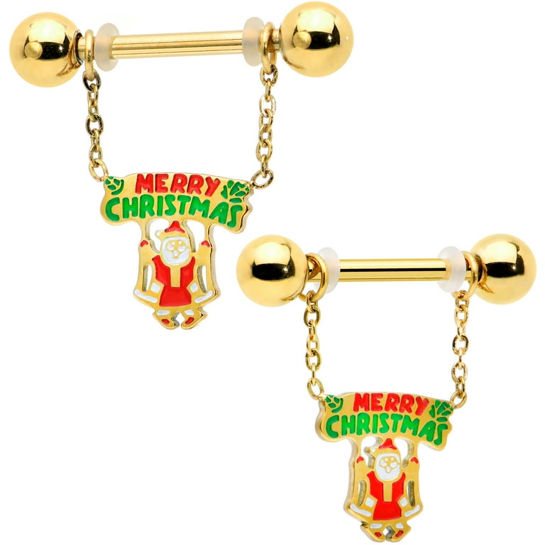 Body Candy 14G Womens Piercing Steel Bright 2Pc Santa Merry Christmas Dangle Nipple Ring Set 9 16 Walmart