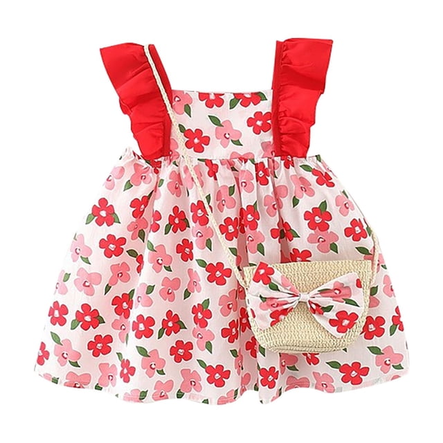MIASHUI Robe d'Été Sans Manches à Volants à Fleurs pour Tout-Petites Filles, Robes de Princesse avec Sac, Ensemble 2 Pcs, Rouge Melon D\'eau, 12-18 Mois