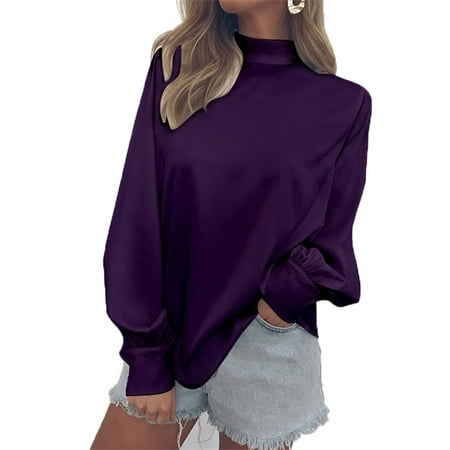 Solid Pullover High Collar Women Fashion Casual Solid Color High Collar T-shirt Long Bishop Sleeve Loose Chiffon Blouse Pullover Tops ()