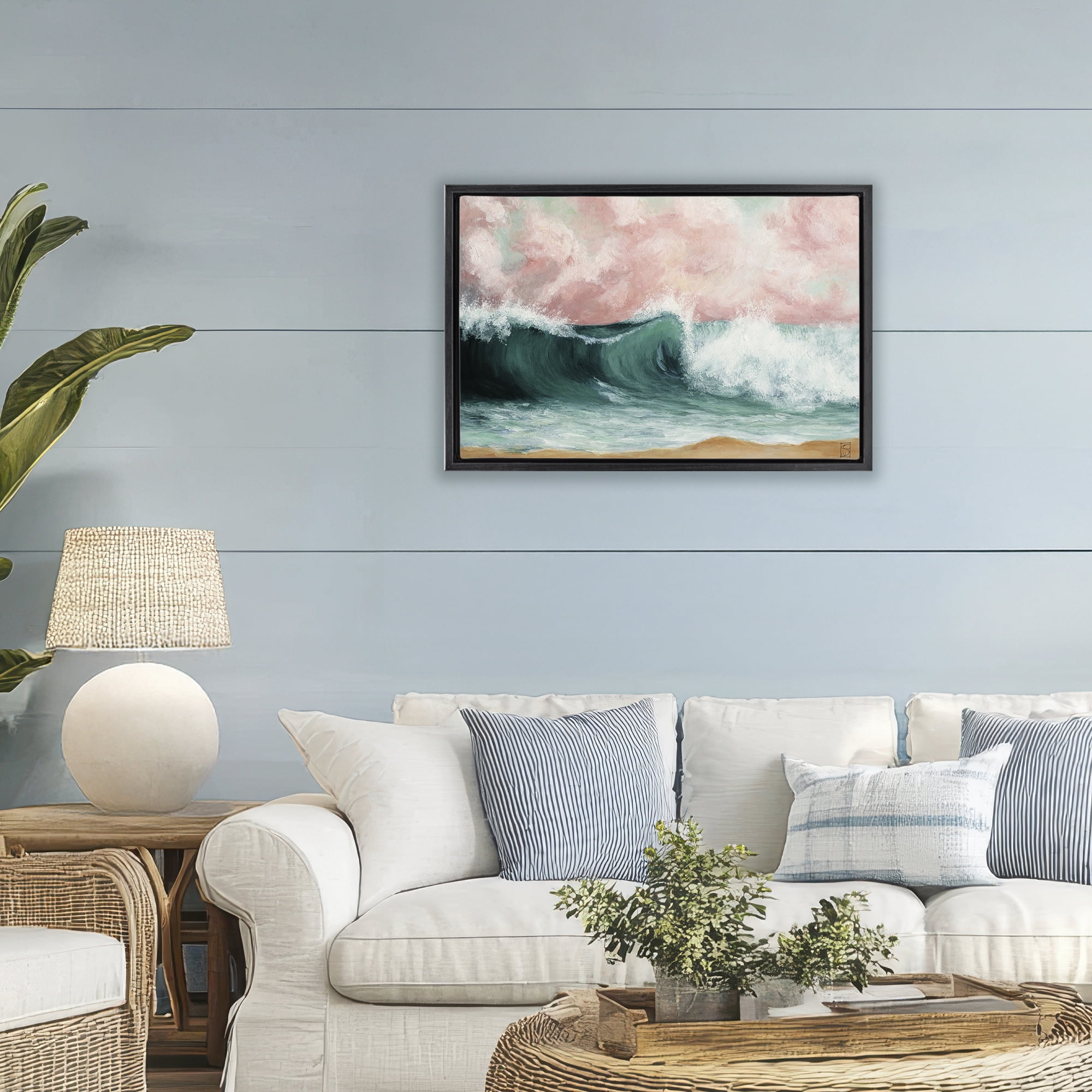 Crashing Seascape Waves Black Framed Floater Canvas Wall Art, design by Sara Culpepper