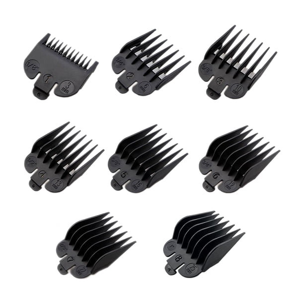 Kit de peluquería de 8 piezas en negro con soporte, peines de posicionamiento y peines limitadores para uso en peluquerías y barberías