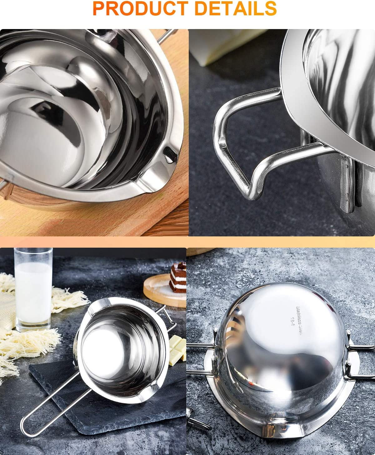Double Boiler - 600ml Stainless Steel Melting Pot with Heat Resistant Handle, Cohoop 30418/8Large Baking Tools for Melting Chocolate, Butter, Candy