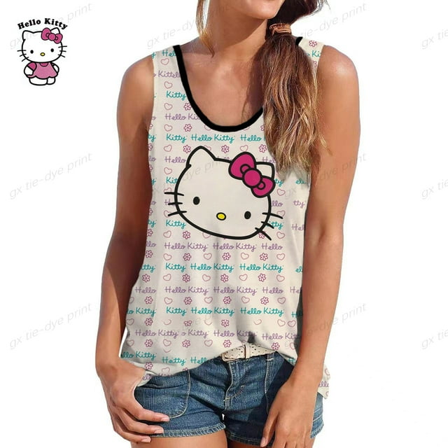 Nouveau Mode Simple Polyvalent Vêtements pour Femmes Grande Taille Été Imprimé Hello Kitty Col Rond Sans Manches T-Shirt Haut Débardeur Yening