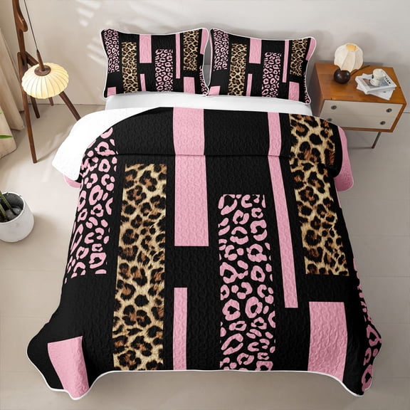 Erosebridal Pink Cheetah Print Twin Quilt Set for Boys Girls, Leopard Animal Twin Coverlet Set, 2pcs
