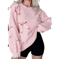 thumbnail image 2 of Womens Oversized Cute Bow- Tie Sweater Spring Cozy Chunky Ribbed Knit Crewneck Long Sleeve Pullover Tops Pink XL, 2 of 9