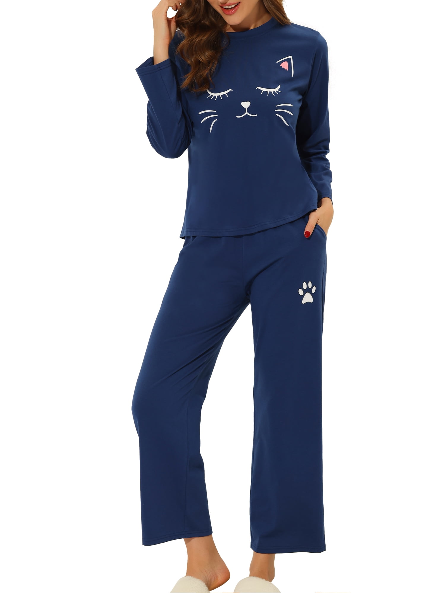 Unique Bargains Women's Pajamas Nightwear Cat Print Tops and Pants Lounge Sleepwear Sets