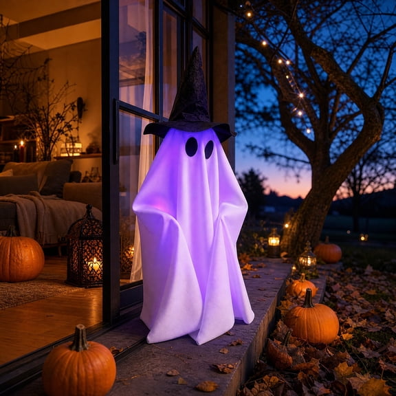 Halloween Ghosts Outdoor Spooky Ghost Decorations Outside 18'' Tall White Light Timer Function Standing Scary Light Up Ghost Kit for Porch, Courtyard, Party, Haunted Houses