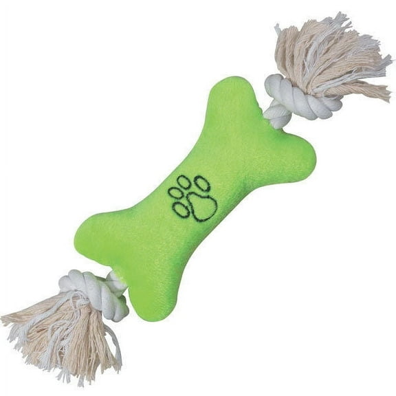 Tiny Tuggers Small Puppy Dog Toys Plush Squeak Bone Rope Pawprint 7" Pick Color (Green)