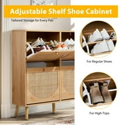 Ktaxon Rattan Shoe Cabinet with 4 Flip Drawers 24 Pairs,Narrow Shoe Storage Cabinet for Entryway, Bedroom, Living Room, Apartment, Natural