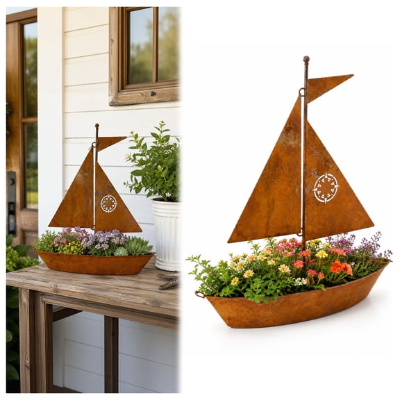 Rustic Sailboat Metal Planter,Metal Sailboat Garden Stake Outdoor Decor,Rustic Iron Yard Art,Coastal Tabletop Boat Planter,for Patio Balcony Porch,Weathered Rust Finish,Indoor Outdoor Decor