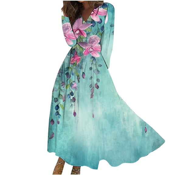 Taqqpue Women's V-Neck Floral Maxi Dress Casual Long Sleeve Long Evening Dress A-Line Flowy Empire Waist Fall Winter Party Cocktail Dress Wedding Guest Dresses for Women
