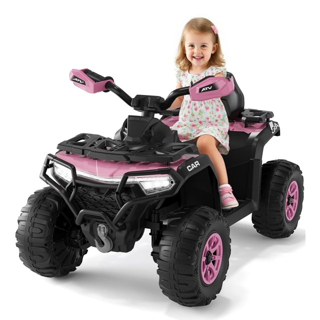 12V Kids Ride On ATV Car w/Parent Remote Control, Spring Suspension, LED Lights, Bluetooth, USB, Music, Early Education, Volume Control, Off-Road 4 Wheeler w/LED Flag for Boys & Girls Ages 3+