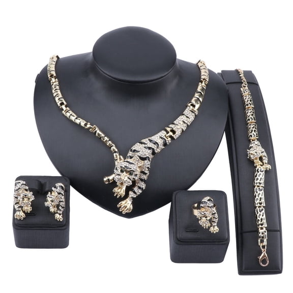 Exquisite Dubai Gold Tiger Crystal Jewelry Nigerian Woman Wedding Costume Design Necklace Earring Ring Bracelet Set