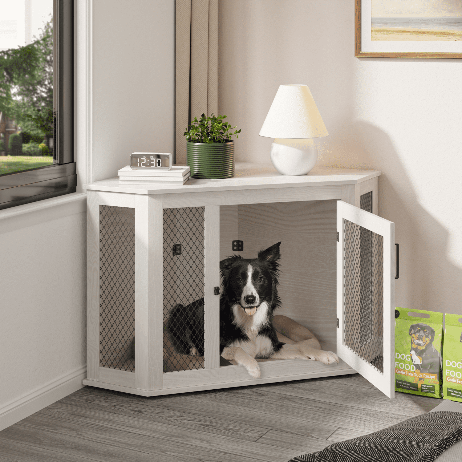 Bossin 44"Corner Dog Crate Furniture，Wooden Dog Kennel Indoor Furniture，Decorative Dog Crate, Dog Kennel TV Stand End Table for Small to Large Dogs