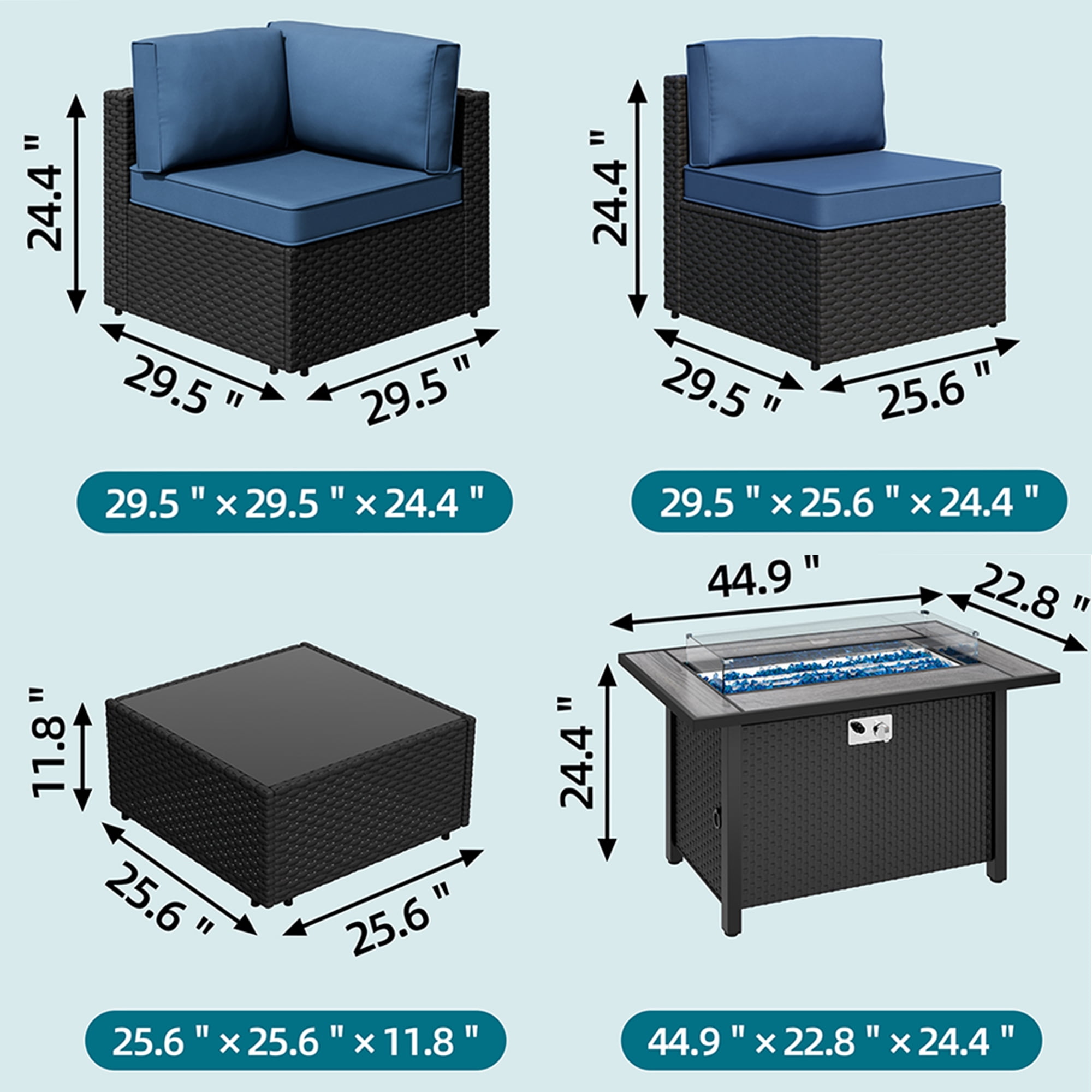 Walsunny 15 Pieces Patio Wicker Rattan Fire Pit Furniture Conversation Sets with Outdoor Sectional Sofa,45" Gas Propane Fire Pit Table,Glass Coffee Table,Black Rattan Aegean Blue Cushion