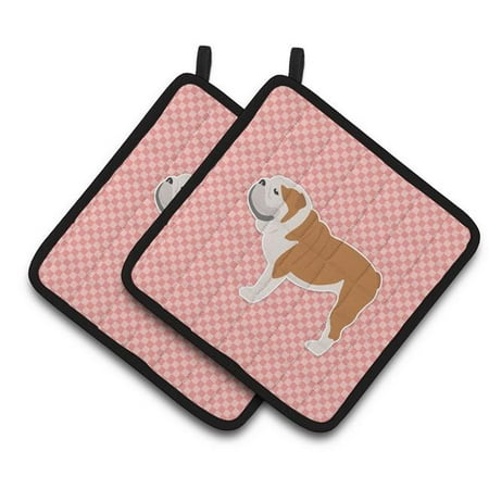 

English Bulldog Checkerboard Pink Pair of Pot Holders