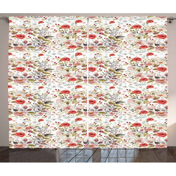 Ambesonne Floral Curtains 2 Panel Set, Spring Watercolor Style, 108" x 90", White Green and Pink