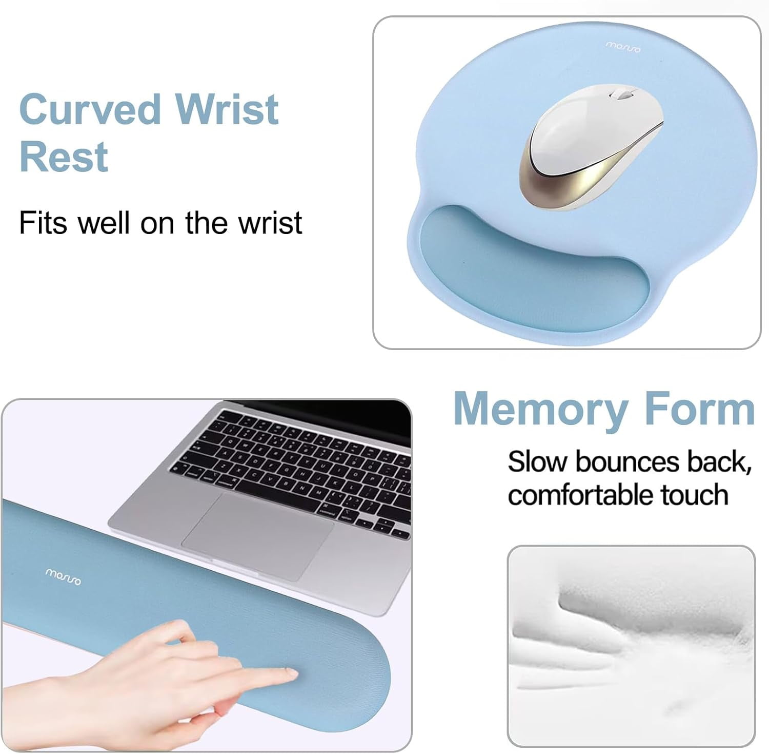 MOSISO Wrist Rest Support for Mouse Pad&Keyboard Set, Circle Curved Ergonomic Mousepad&Coaster Non-Slip Base Home/Office Pain Relief&Easy Typing Pad with Soft Cloth&Silicone Lining
