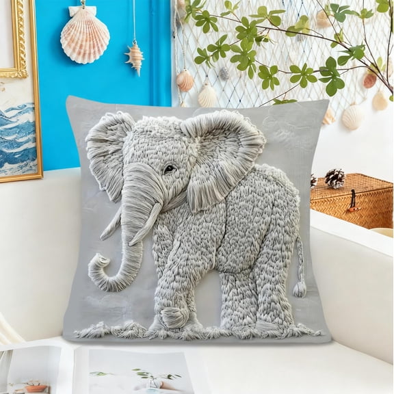 Rijanmt 3D Elephant Short Pile Plushy Animal Pillow Cover,Animal Series Decorative Square Pillow Case,Lumbar Pillows Case, Cushion For Sofa Couch Bed,Farmhouse Decor Vintage Gift For Family 18*18"