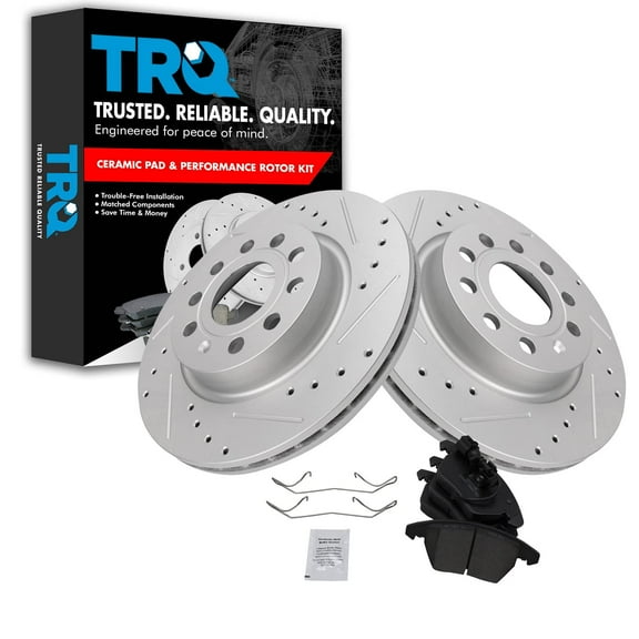 TRQ Front Performance Brake Pad & Rotor Kit Brake Pads Brake Rotors Set Ceramic Premium G-Coated Fits Select 2011 Audi A3 Quattro 2013 Volkswagen GTI 2011-2018 Jetta
