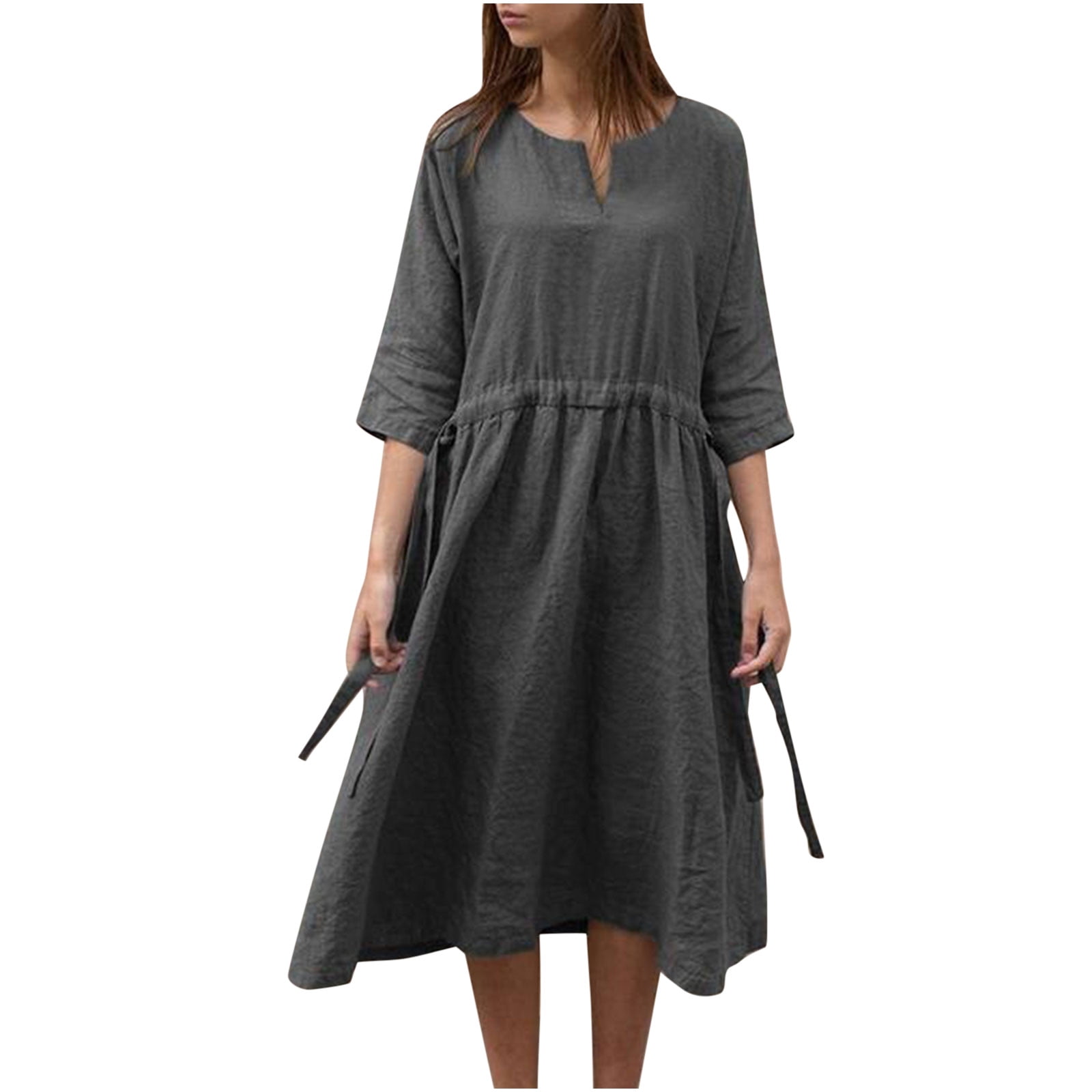 VSSSJ Women's Summer Loose Dresses Cotton Linen V-Neck 3/4 Sleeve ...