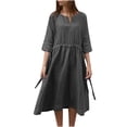 thumbnail image 1 of Birdeem Robe d'Été Ample pour Femme en Coton et Chanvre à Col en V, Manches Trois Quarts, Robe à Cordon, Jupe, 1 of 6