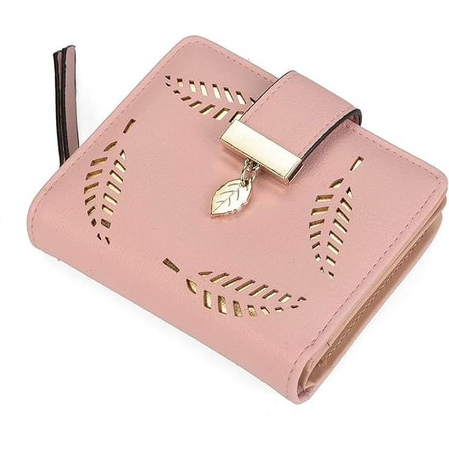 Monedero corto de cuero para mujer, cartera mediana con forma de hoja, tarjetero plegable, monederos pequeños con hebilla y cremallera